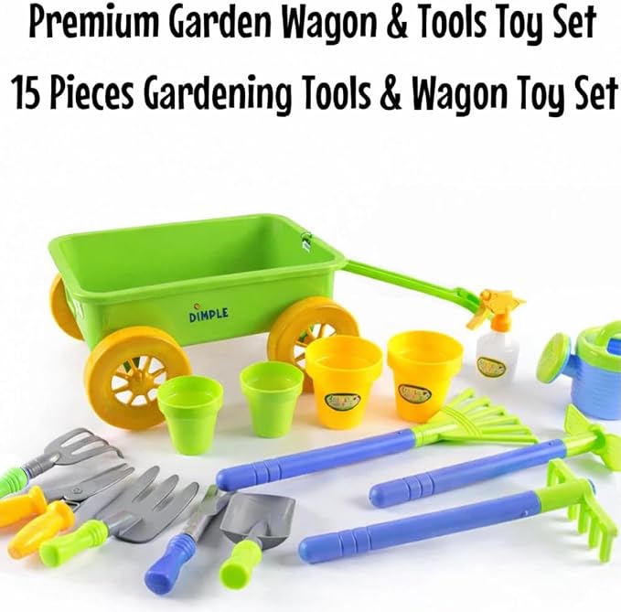 Dimple Garden Wagon & Tools Toy Set, Kids Gardening Set - 15 Pcs Outdoor Toys for Toddlers, Sand Toys - Sturdy & Durable - Top Yd, Beach, Sand, Garden Play Set for Kids & Toddler Gardening Tools