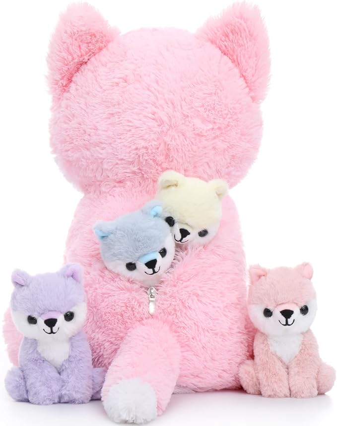 Muiteiur 5 Piece Fox Stuffed Animal Set, Soft Mommy Fox Plush Toy with 4 Cute Babies, Cute Stuffed Animal for Girls and Boys, Fun Gift for Kids, Pink 20inch