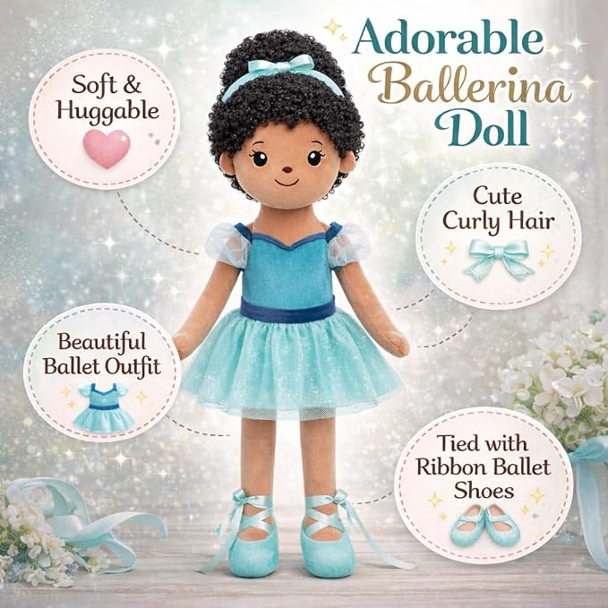Ballerina Doll Soft Plush Baby Doll,Black Ballet Doll with Green Outfit,Gifts for Girls Birthday,Toys for Toddler Kids Infants (Black)