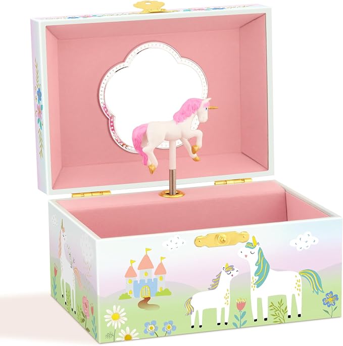 RR ROUND RICH DESIGN Kids Music Jewelry Box with Foil Gold Unicorn Theme Spinning Playback the Tune for Beautiful Dream Song Pink-Green