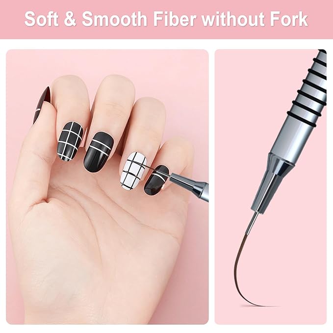 Komall Metallic Nail Art Brushes, 6Pcs Non Slip Liner Brush Set, UV Gel Polish Painting Art Design Pen for Long Lines, Thin Details, Fine Drawing Sizes 5/7/9/11/20/25mm(Silver)