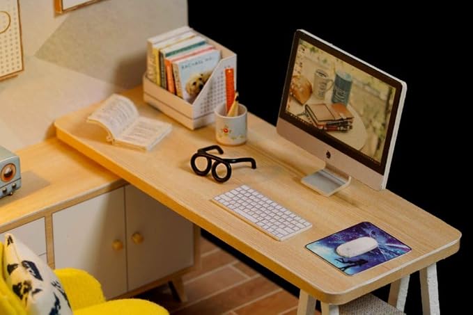 DIY Miniature Dollhouse Kits - Wooden Mini Model House with LED Lights, Tiny Furniture & Accessories – Craft Building Kits for Teens & Adults (Study Room) – Birthday Valentine's Gift