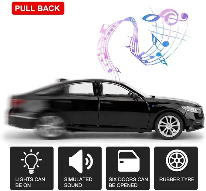 WAKAKAC Toy Cars Compatible for 1:24 Accord Model Cars, Pull Back Die-cast Vehicles with Sounds＆Lights for Kids Boys Girls and Adults, Gift Black