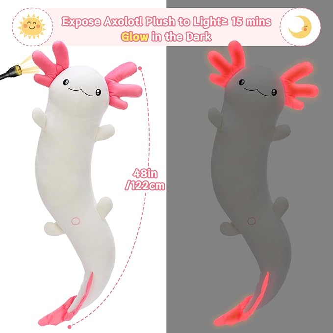 MaoGoLan Giant Axolotl Plush Pillow, Big Axolotl Plush Stuffed Animal Toy for Kid Girl Boy, Jumbo Stuffed Salamander Body Pillow Glow in The Dark, Birthday Day Gift Baby Shower Party Decor, White