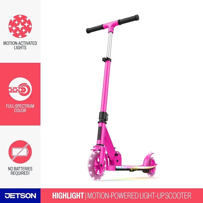 Jetson Jupiter Kids 2-Wheel Light-Up Kick Scooter, LED Lights on Handlebar, Stem, Wheels & Deck, Adjustable Handlebar, Rear Brake, Easy-Folding Mechanism, Ages 5+