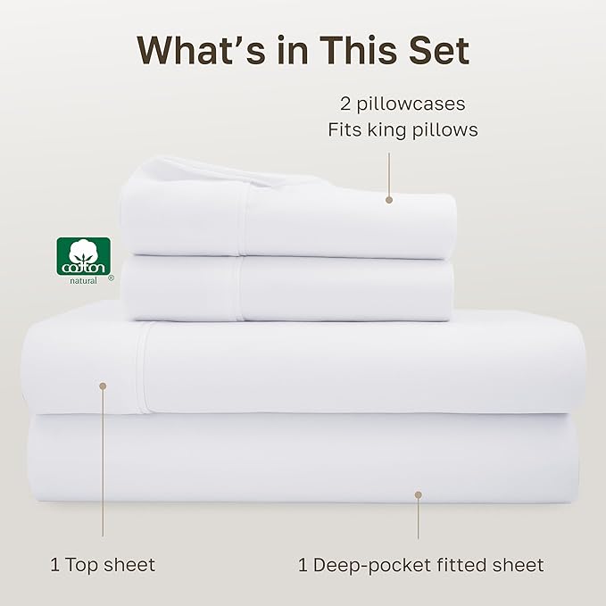 California Design Den Soft 100% Cotton Cal King Sheet Set, 400 TC Good Housekeeping Award Winner, Silky Smooth Sateen Weave with Deep Pockets, Breathable and Durable Cotton Bedding Set - White