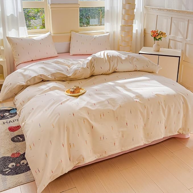 LIWHENHAO Duvet Cover Set Queen 100% Cotton Bedding Cartoon Cute Colorful Carrot Print on Cream White 1 Farmhouse Style Beige Comforter Cover Full 2 Pillowcases for Kids Girls Boys Woman