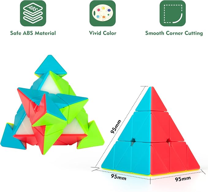 Pyraminx Speed Cube Stickerless with Stand & Tutorial – Easy-Turn Brain Teaser for Kids & Adults, STEM Educational Toy, Classroom, Office & Travel Fun