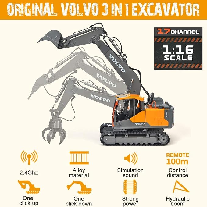 Double E Volvo 1:16 Scale Remote Control Excavator, 17 Channel 3-in-1 Construction Toy with Metal Shovel, Drill, Grab & Lights, 2.4GHz Full Function Digger for Outdoor Sandbox, Gift for Kids & Adults