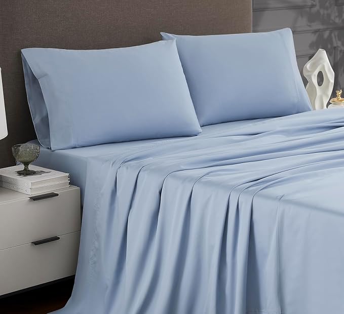 Linen Closet Luxury 1200 Thread Count Full Size Sheets Set, 4 Pieces, Cotton Rich, Blue, Soft, Durable & Wrinkle Resistant Sateen Sheets, 16" Deep Pocket Fitted Sheet, Home & Hotel Essentials