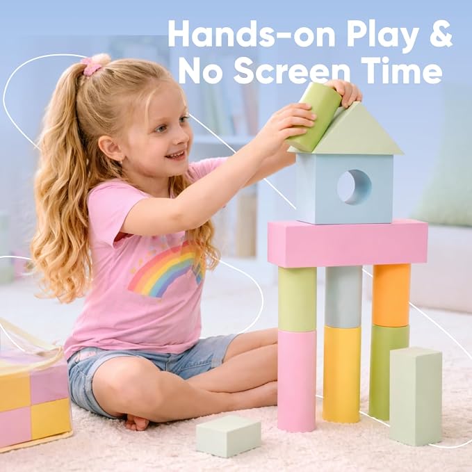 Set of 34 Jumbo Large Foam Blocks for Toddlers - Stacking Soft Blocks for Kids with Shapes & Colors Learning - Construction Building Preschool Toys - Giant Foam Bath Blocks for Toddlers 3-5 & above
