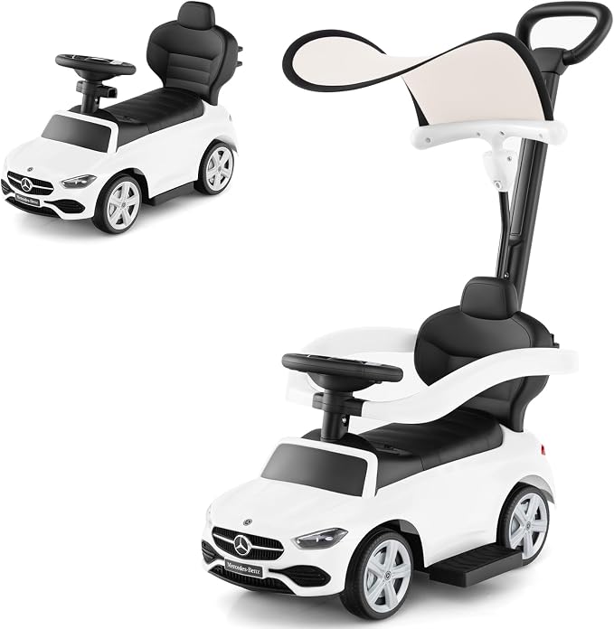 OLAKIDS Push Car for Toddlers, 3 in 1 Licensed Mercedes Benz Baby Sliding Walking with Parent Control Handle Adjustable Canopy Guardrail Under Seat Storage, Kids Ride on Toys with Horn (White)