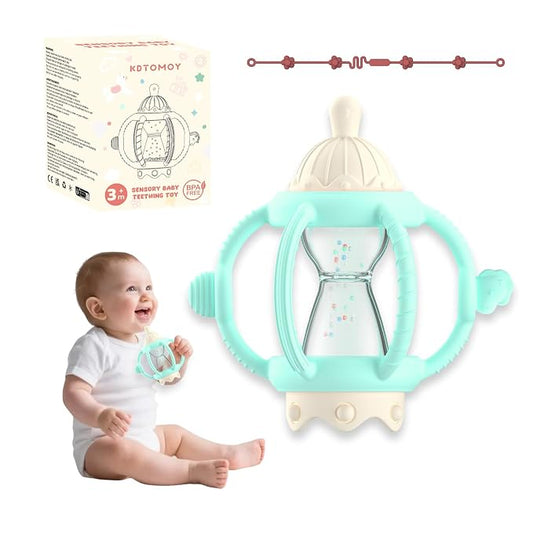 Silicone Teether Rattle Toy for Babies 0-12 Months Teething Relief | Montessori Sensory Teething Toy with Pacifier, Easy Grasp Handle for Infant Boys & Girls, Baby Must Haves