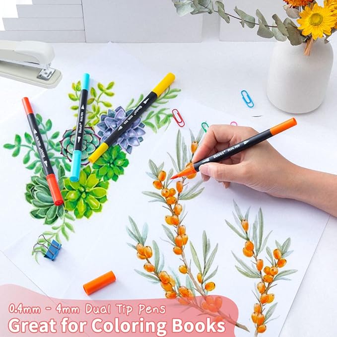 36 Dual Brush Markers for Adult Coloring Books - Fine & Brush Double Pens for Journaling, Calligraphy, Drawing, Art + Craft Supplies for Gifts Trendy Stuff