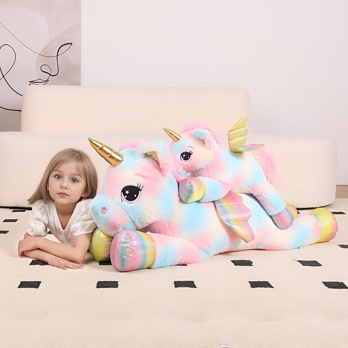 FFxiong 24 Inch Multicolored Big Unicorn Stuffed Animal Plush Toy Pillow, Cute Soft Giant Unicorn with Rainbow Wings Large Doll, Gift for Children Girl Boy Kids Birthday Valentine Christmas