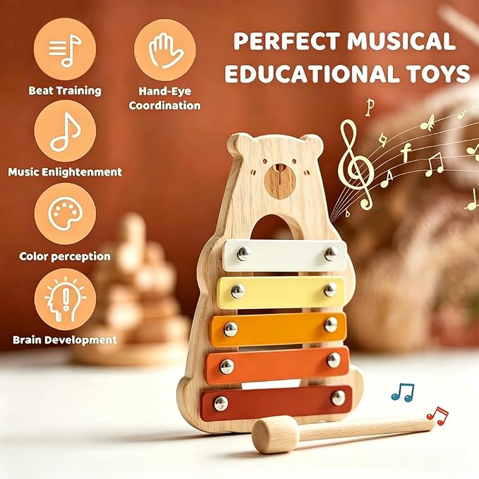 Lovely Xylophone for Toddlers, Early Childhood Development Musical Instruments for Toddlers, Wooden Xylophone for Kids,Musical Instruments Toys for Preschool Percussion Learning (Bear)