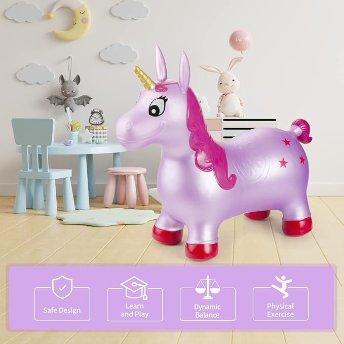 INPANY Unicorn Bouncy Horse Toys, Toddler Inflatable Unicorn, Bouncy Pals | Eco-Friendly PVC, Low Center Gravity, Cute Cartoon Design, Load 100 Lbs, Learn & Exercise & Active Fun, Gifts for 1-3 Kids