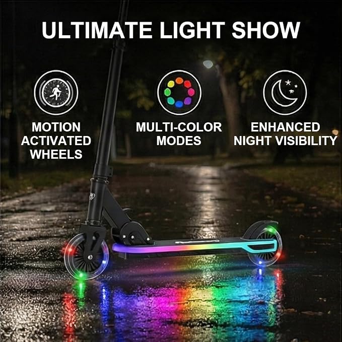 Rahmory Kick Scooter for Ages 5-12,Kid, Teens. Max Load 155 LBS. Foldable, Lightweight, with Light up Wheels and Dynamic Light Deck, Teen and Adults, 3 Adjustable Levels.