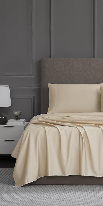 Linen Closet Luxury 1200 Thread Count Full Size Sheets Set, 4 Pieces, Cotton Rich, Beige, Soft, Durable & Wrinkle Resistant Sateen Sheets, 16" Deep Pocket Fitted Sheet, Home & Hotel Essentials