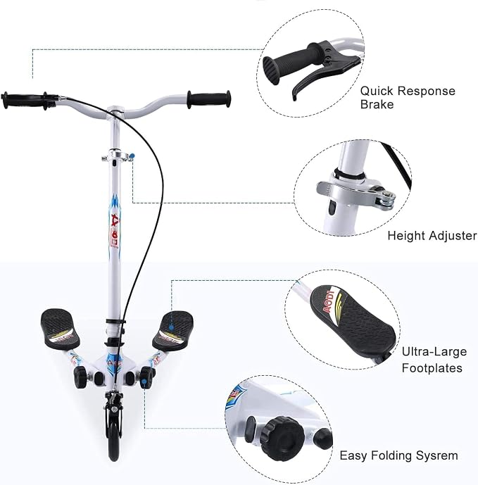 Swing Scooter for Kids, 3 Wheels Foldable Wiggle Kick Scooter Push Drifting with 4 Adjustable Handlebar & 2 Rear LED Wheel for Boys and Girls Ages 3-8