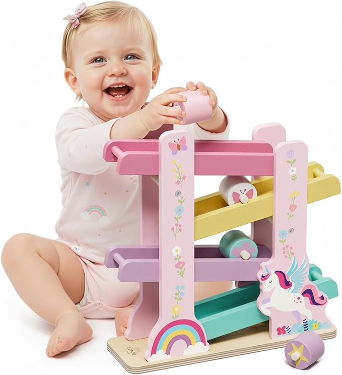 Lehoo Castle Wooden Car Ramp Toys for 1 Year Old Girl Birthday Gifts, Unicorn Montessori Toys for One Year Old, Wooden Race Track with 4 Rollers Toddler Toys for 2 Year Old Girl