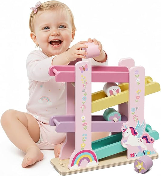 Lehoo Castle Wooden Car Ramp Toys for 1 Year Old Girl Birthday Gifts, Unicorn Montessori Toys for One Year Old, Wooden Race Track with 4 Rollers Toddler Toys for 2 Year Old Girl