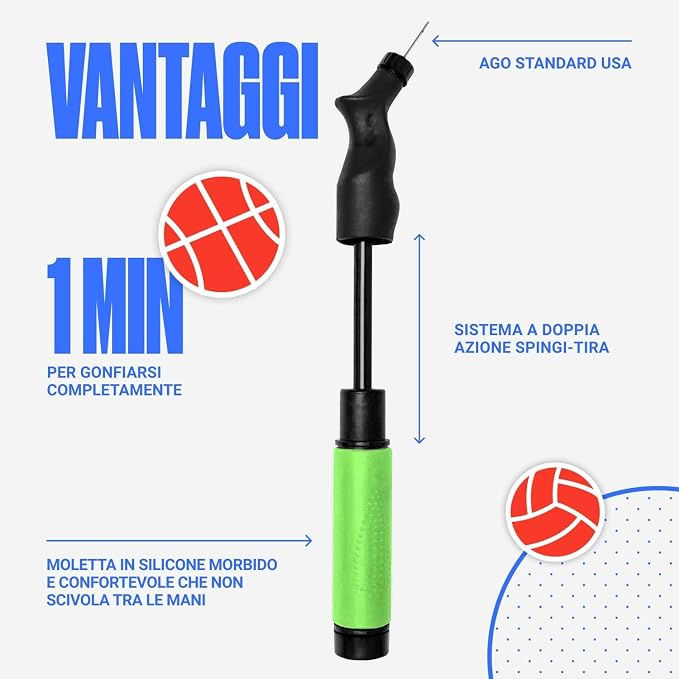 SPORTBIT Ball Pump for Sports Balls - Push & Pull Inflating System - Hand Pump for Exercise Balls - Volleyball Pump, Basketball Inflator, Ball Air Pump - Goes with 5 Needles Set