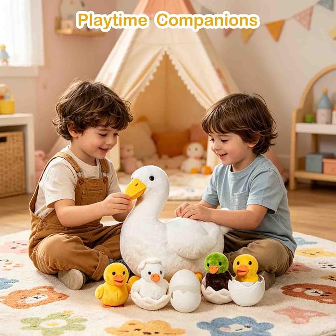 7 in 1 Duck Stuffed Animal, 12" Zippered Mommy Stuffed White Duck Plush Toy with 4 Baby Ducklings and Eggs, Soft Duck Plushie Pillow for Kids Christmas Birthday Gift Farm Party