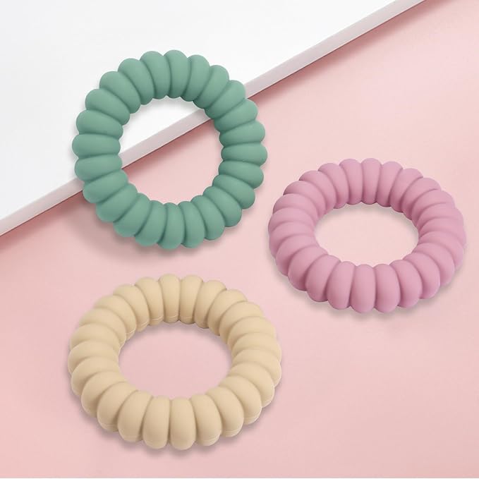 Baby Teether Toys, Silicone Teether Rings with Rattle for Babies, Textured Teething Rings Relief Soothing Sore Gums, 3 Pack
