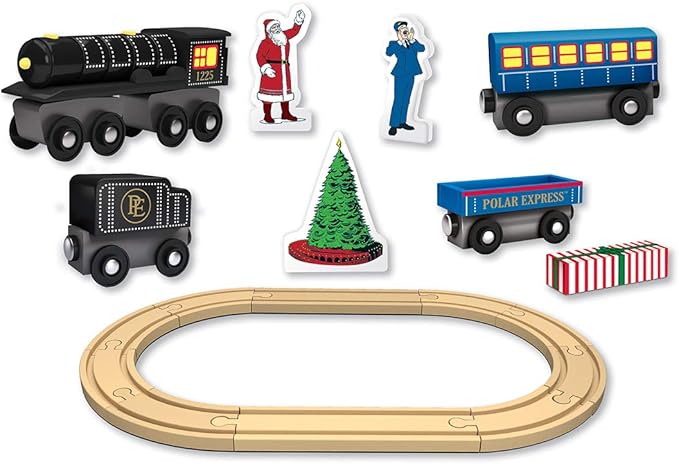 MasterPieces Polar Express Train Set, Wooden 18 Piece Deluxe Edition with Magnetic Cars and Track, Official Holiday Play Collection, Compatible with 1 Inch Train Systems, Polar Express Toys for Kids