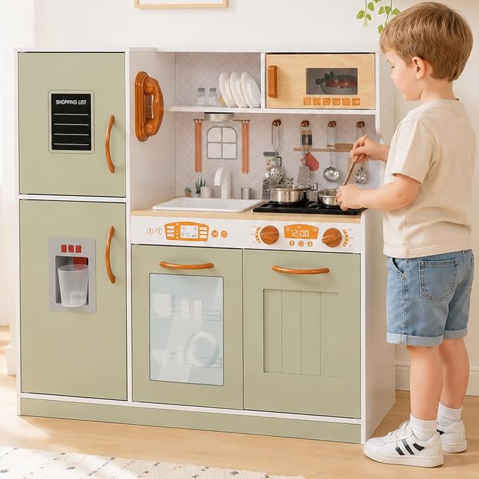 TOUCH US Wooden Play Kitchen Toy Set with Light, Kids Children Pretend Toy Kitchen Playset, Sink Play Toy Oven with Microwave,Toddler Cooking Set Toy for Ages 3+ Baby Girls Boys (Green)
