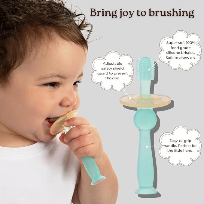 haakaa 360° Silicone Baby Toothbrush – 100% Soft Food Grade Silicone, BPA-Free, Suction Base, Safe for Babies 6 Months+, Gentle Gum and Teeth Cleaning for Infants, Gum Massager (Mist Blue)