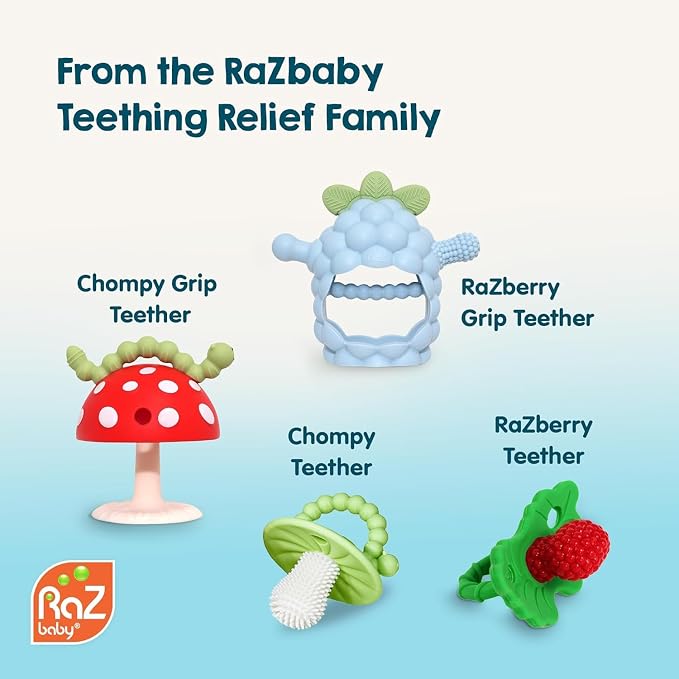 RaZbaby Silicone Infant & Baby Teething Toy, Textured BerryBumps Soothe Babies Sore Gums, RaZberry Bites Relief Teether, Back & Front Teeth, BPA Free, Fruit Shape for Babies 3M+ (Red & Pink)