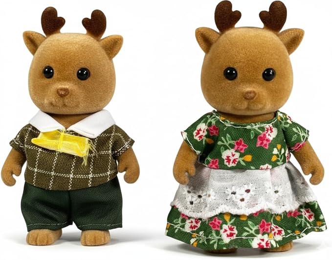 Family Brown Deer Figures — Set of 2 Collectible Flocked Mini Dolls with Removable Clothes, Dollhouse Pretend Play Set for Kids Ages 3+