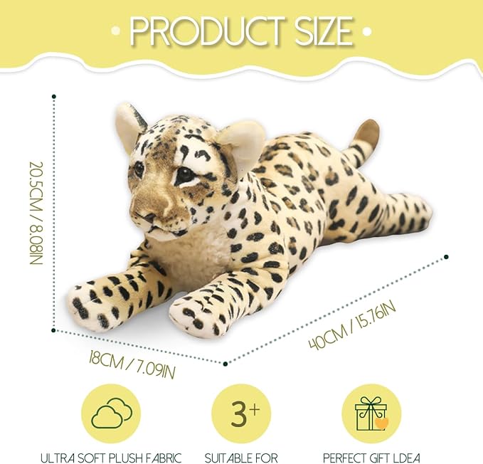 Cheetah Stuffed Animal 16" Leopard Stuffed Animal Cheetah Plush Toy Cute Pillow Giant Realistic Jaguar Plush Stuffy Birthday Gifts for Kids Girls Boys