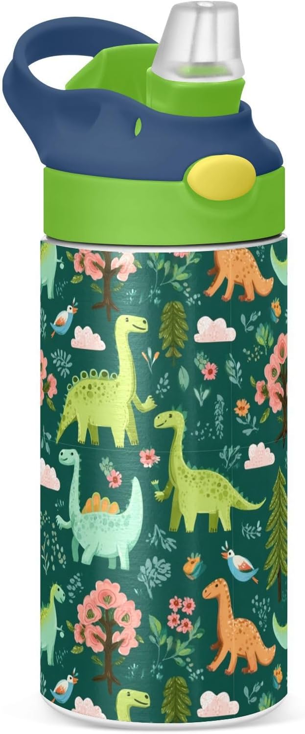 Boccsty Funny Dinosaur Kids Water Bottle with Straw Lid Animal Tropical Leaves Dino Insulated Stainless Steel Reusable Tumbler for Boys Girls Toddlers 12 oz Green