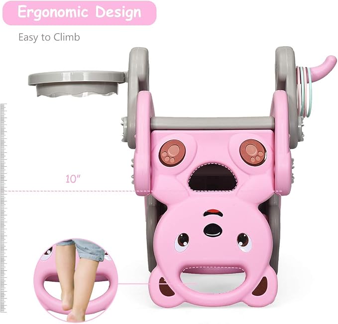 Costzon 5 in 1 Toddler Slide Rocking Toy, Slide for Kids with Detachable Stool, Basketball Hoop and Ring Game, Foldable Climber Playground Slide for Both Indoors Outdoor Use (Pink Bear)