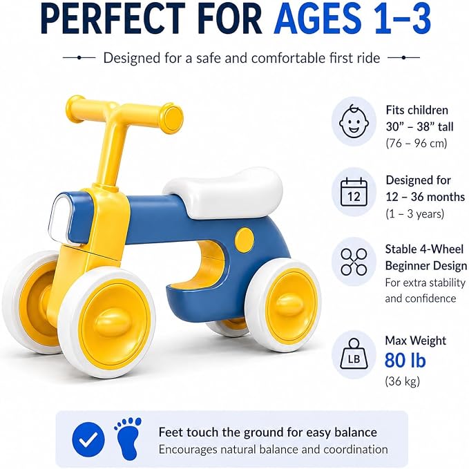 Henry & Colin First Balance Bike for 1 Year Old, 4 Wheel Toddler Bike with Fun Lights & Music, Soft Seat, No-Pedal Ride On Toy, 1st Birthday Gift for Boys & Girls Ages (12–36 Months)