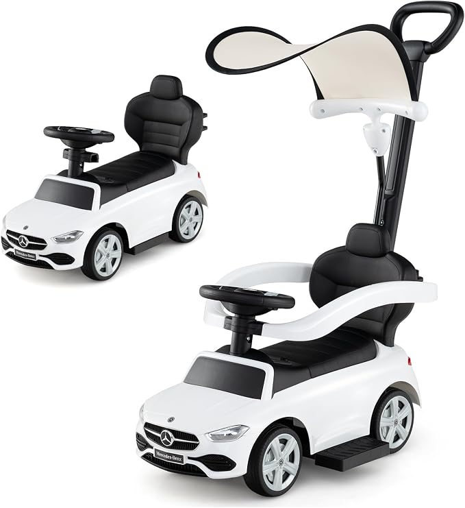 Costzon Push Car for Toddlers, 3 in 1 Mercedes Benz Stroller Sliding Walking Car w/Canopy, Handle, Safety Bar, Horn Sound, Underneath Storage, Foot-to-Floor Ride On Toy for Boys & Girls, White