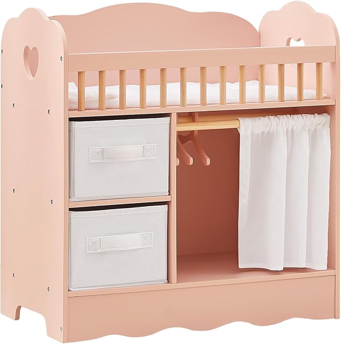 OOOK Baby Doll Crib, Wooden Baby Doll Bed and Changing Table, Dollhouse Furniture with Two Storage Box, Bedding and Coat Hangers, Nursery Playset Suitable for Dolls Under 22 Inches, Pink