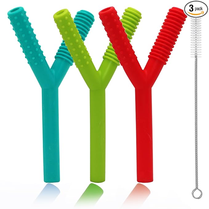 Teether Tubes for Babies 3-6 Months, 3 Pack Silicone Hollow Chew Tube Toy for Autistic Children, Y Shape Chewable Straw Baby Teether Toys for Infants Autism with Teething Nursing Biting Chewing