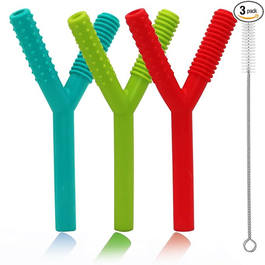 Teether Tubes for Babies 3-6 Months, 3 Pack Silicone Hollow Chew Tube Toy for Autistic Children, Y Shape Chewable Straw Baby Teether Toys for Infants Autism with Teething Nursing Biting Chewing