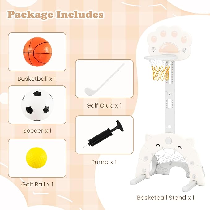 Costzon 3 in 1 Toddler Basketball Hoop, Height Adjustable Kids Sports Center w/Foldable Basketball, Soccer & Golf Game, Indoor Outdoor Activity Playset w/Foldable Rim, Gift for Children Baby Infant
