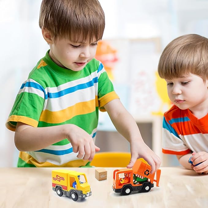 DSHMIXIA Garbage Mail Truck Small Toys Cars for 3 5 Year Old Boys Magnetic Couplings City Vehicle for Wood Train Set for Children Inside Outside Toys (City Set)