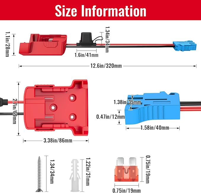 Power Wheel Azocek Adapter Compatible with Milwaukee Battery with Wire Harness Connector Compatible with Peg-Perego Children Ride-on Car, 12AWG Wire with 40A Fuse