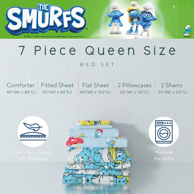 The Smurfs Kids Bedding Super Soft & Cozy Reverisble Microfiber Comforter and Sheet Set with Sham, 7 Piece Queen Size, (Officially Licensed Product) By Franco