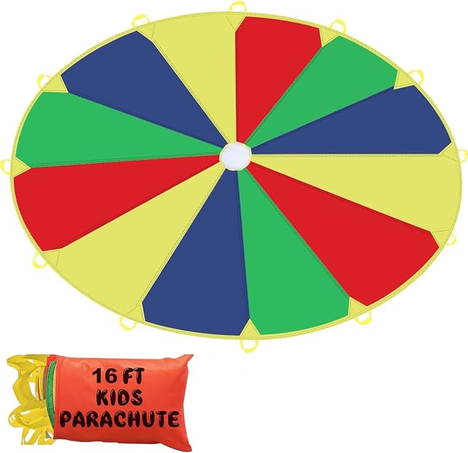 Sonyabecca Kids Play Parachute, Play Parachute 16ft with 12 Handles for Kids Cooperation Group Play