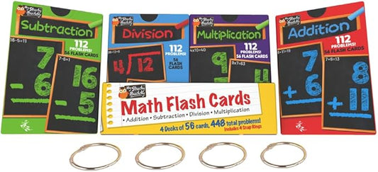 Regal Games Math Flash Cards for Multiplication, Division, Addition and Subtraction - 1st, 2nd, 3rd Grade Math & More - Flash Cards w/ 4 Binder Rings for Kids (224 Cards - 4 Packs)
