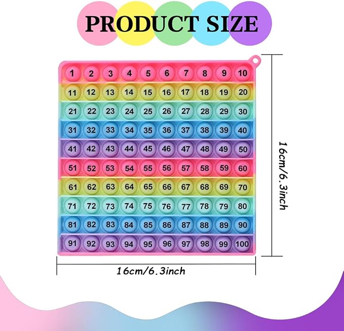 Math operations1-100 Number Learning Pop Fidget Toy, Rainbow Colors, Large Square Math Educational Sensory Game