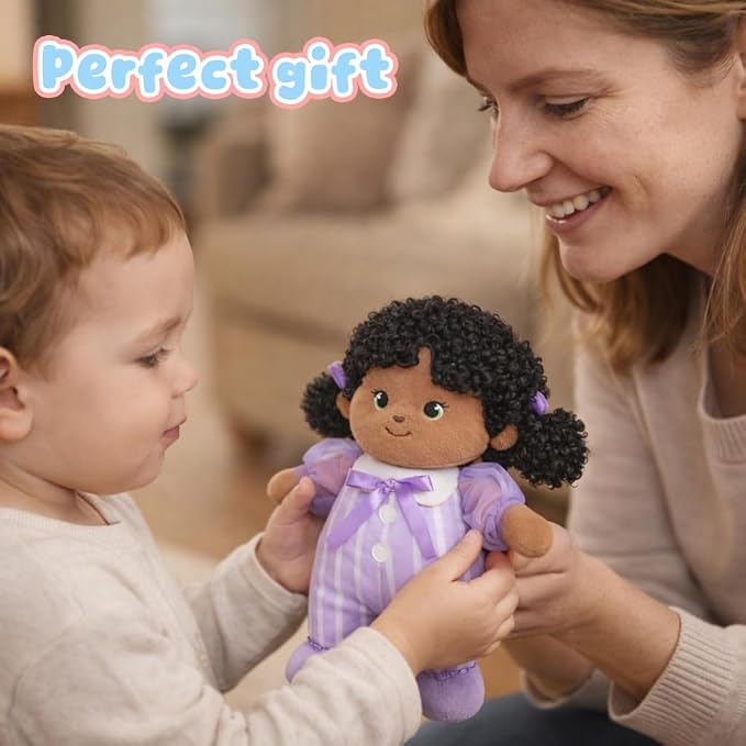Soft Black Baby Doll My First Baby Rag Dolls for Kids,Snuggle Buddy Toys for 1 Year Old Girl,Birthday Gifts for Girls Infants Toddlers 10"(Purple)